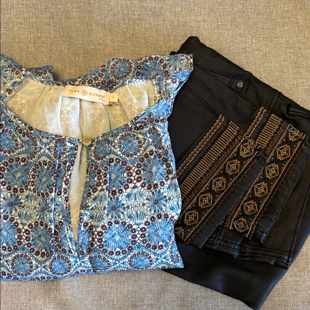 Great outfit!  Tory Burch top and CREAM  coated, embroidered jeans.